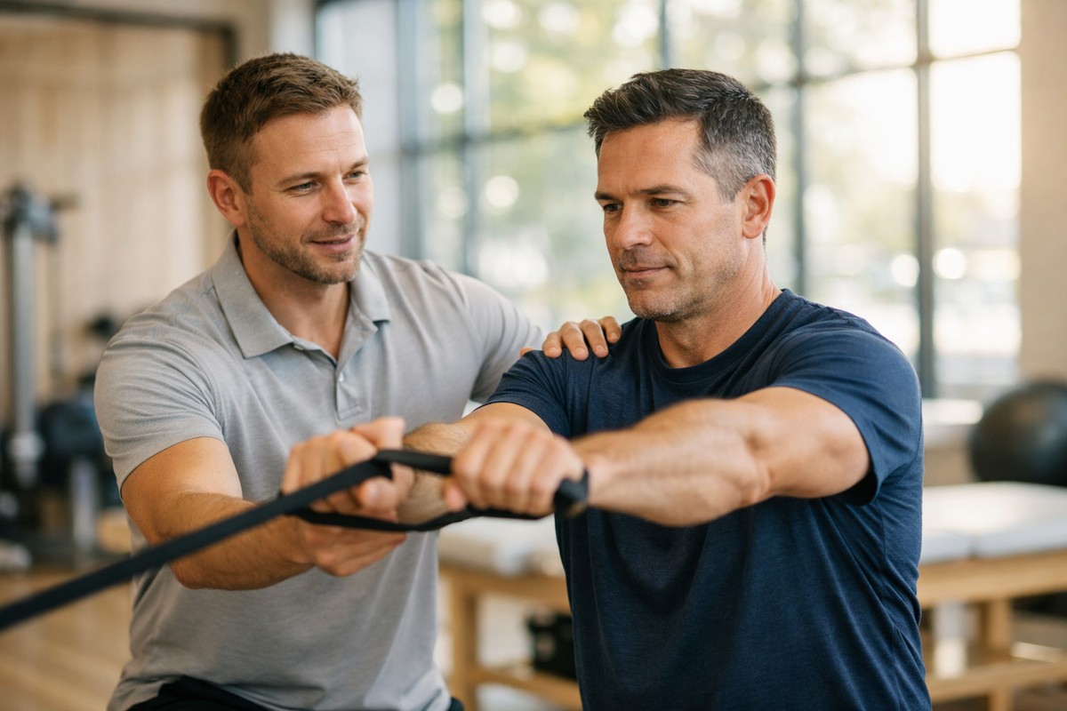 Fysiotherapeut begeleidt een cliënt bij een actieve hersteloefening in een moderne praktijk.