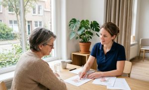 Fysiotherapeut bespreekt behandelplan met patiënt tijdens een chronische fysiotherapiesessie