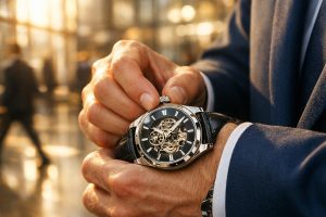 Professional checkt een luxe horloge tijdens een drukke werkdag als moment van reflectie.