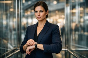 Zakenvrouw vindt rust en mentale focus in een moderne glazen kantoorlift.