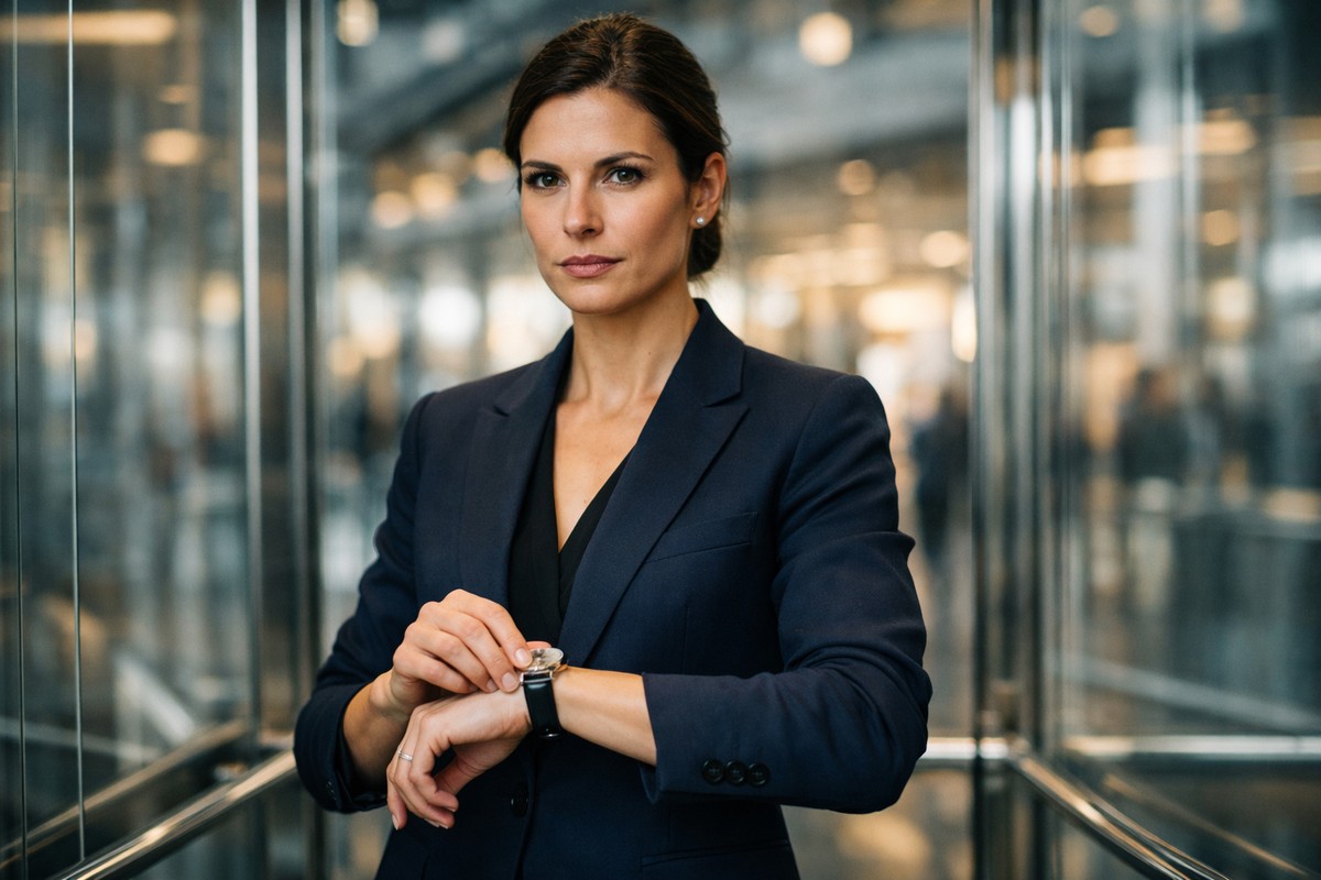 Zakenvrouw vindt rust en mentale focus in een moderne glazen kantoorlift.