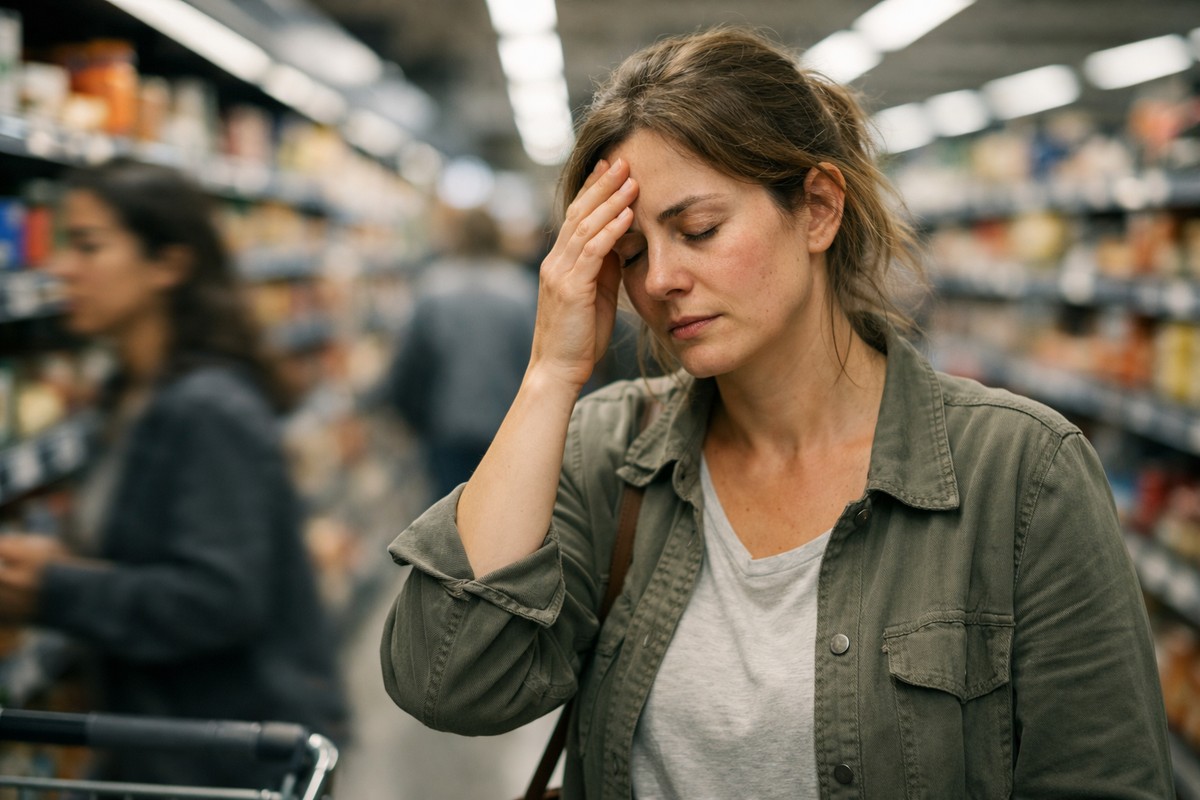 Vrouw ervaart overprikkeling en hersenmist tijdens het winkelen in een drukke supermarkt.