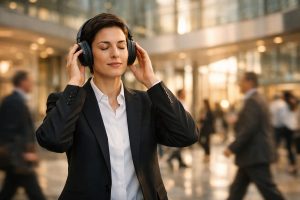 Professional gebruikt een noise-cancelling koptelefoon in een drukke kantooromgeving om overprikkeling te voorkomen.
