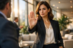 Vrouw stelt ferm grens met opgeheven hand in lumineus zakenlounge gesprek.