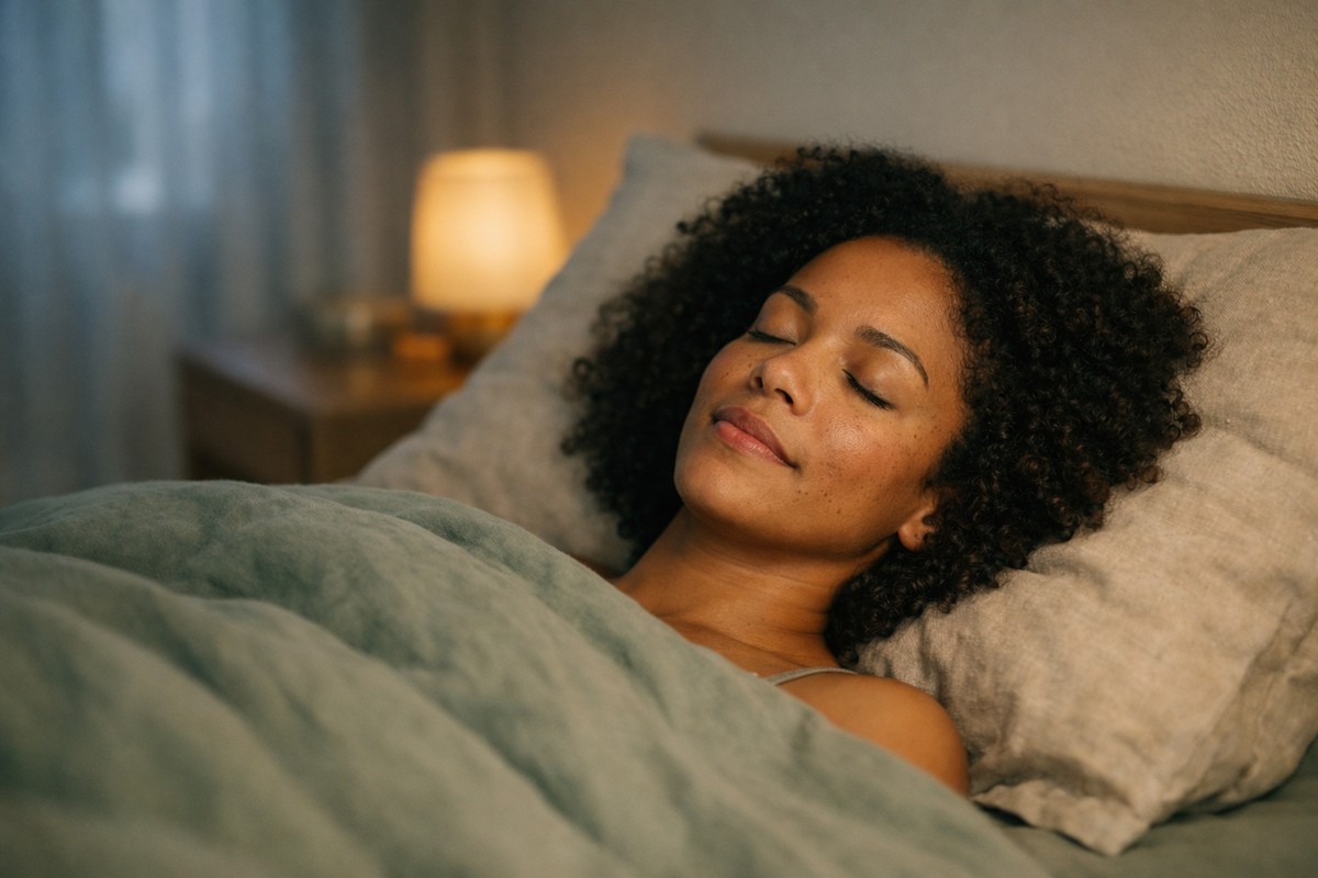 Ontspannen jonge vrouw ligt in bed met gesloten ogen tijdens een kalmerende slaapmeditatie.