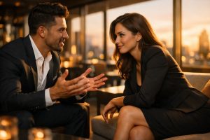 Twee professionals in levendige intellectuele discussie op modern rooftop lounge met intense aantrekkingskracht.