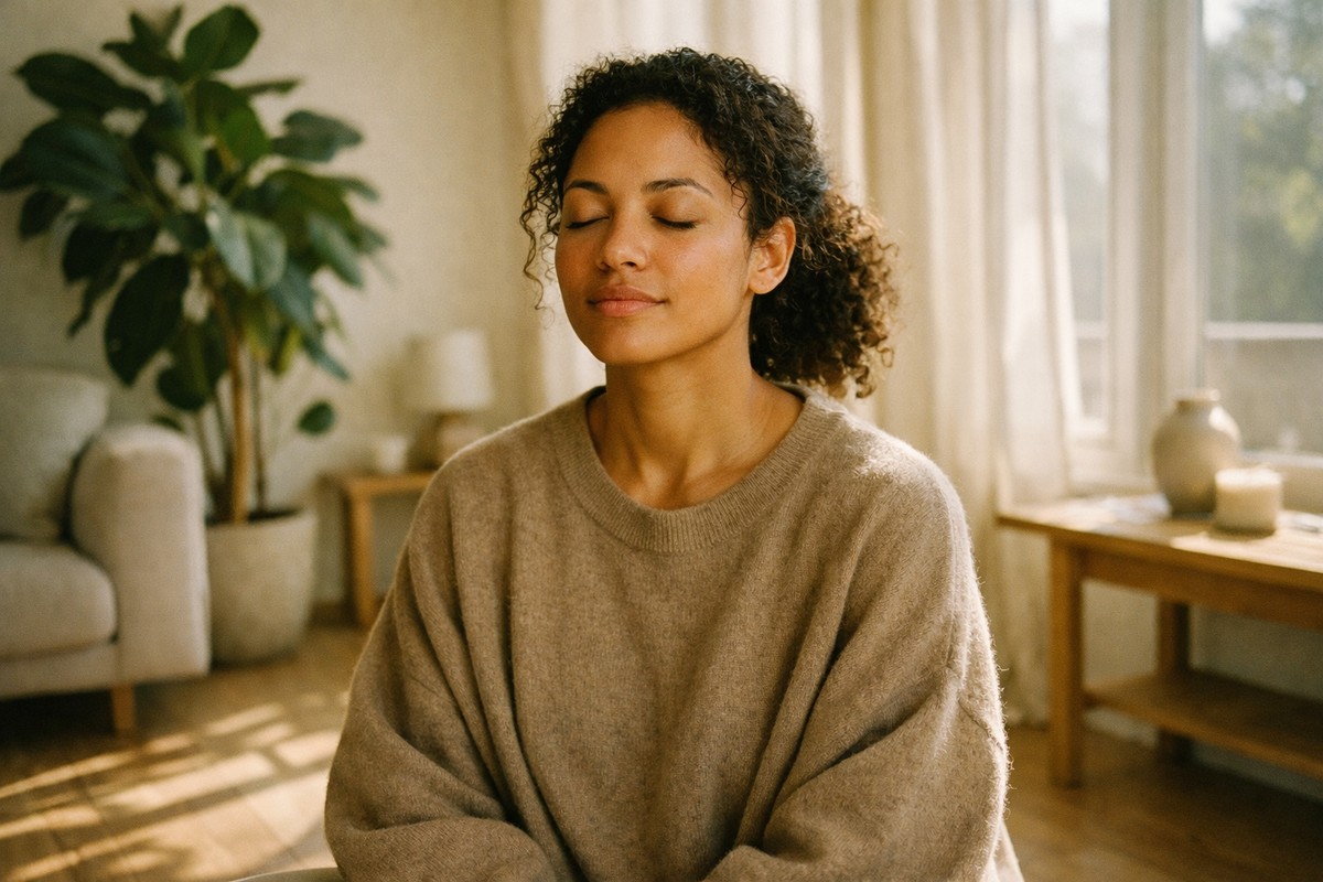 Een serene vrouw doet een aardingsoefening in een lichte, moderne en rustgevende ruimte.