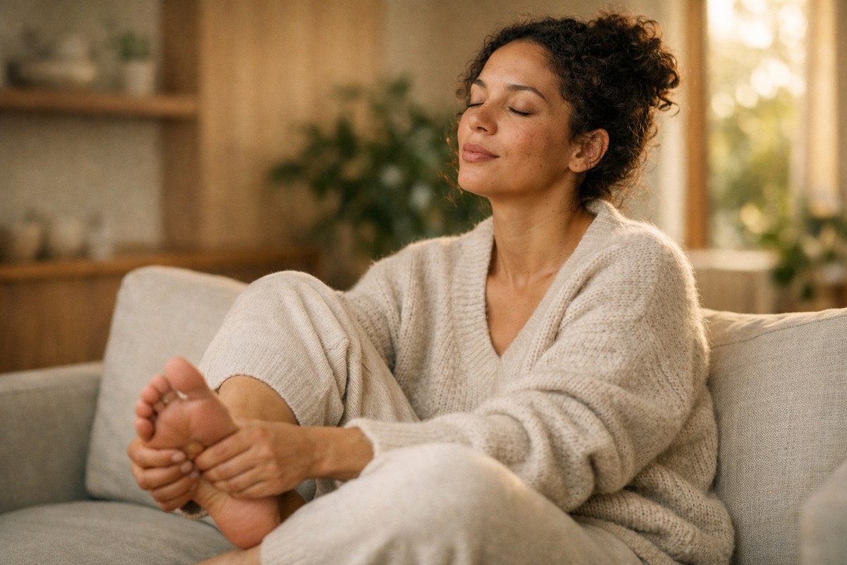 Ontspannen vrouw die thuis haar voeten masseert op de bank in een lichte woonkamer.