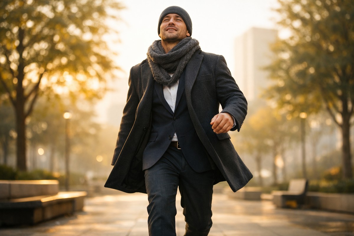 Dynamische man met muts en sjaal wandelt revigoré in modern stadspark bij zonsopgang.
