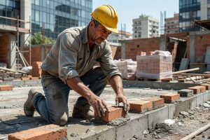 Bouwvakker legt eerste baksteen in stevig fundament op zonnige stedelijke bouwplaats met vastberaden blik.