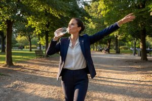 Zakenvrouw drinkt water en rekt uit tijdens parkpauze om druk op aambeien te verlagen