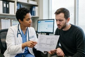 Maag-darmarts bespreekt verhoogde fecale calprotectine-waarde met bezorgde patiënt op consult.