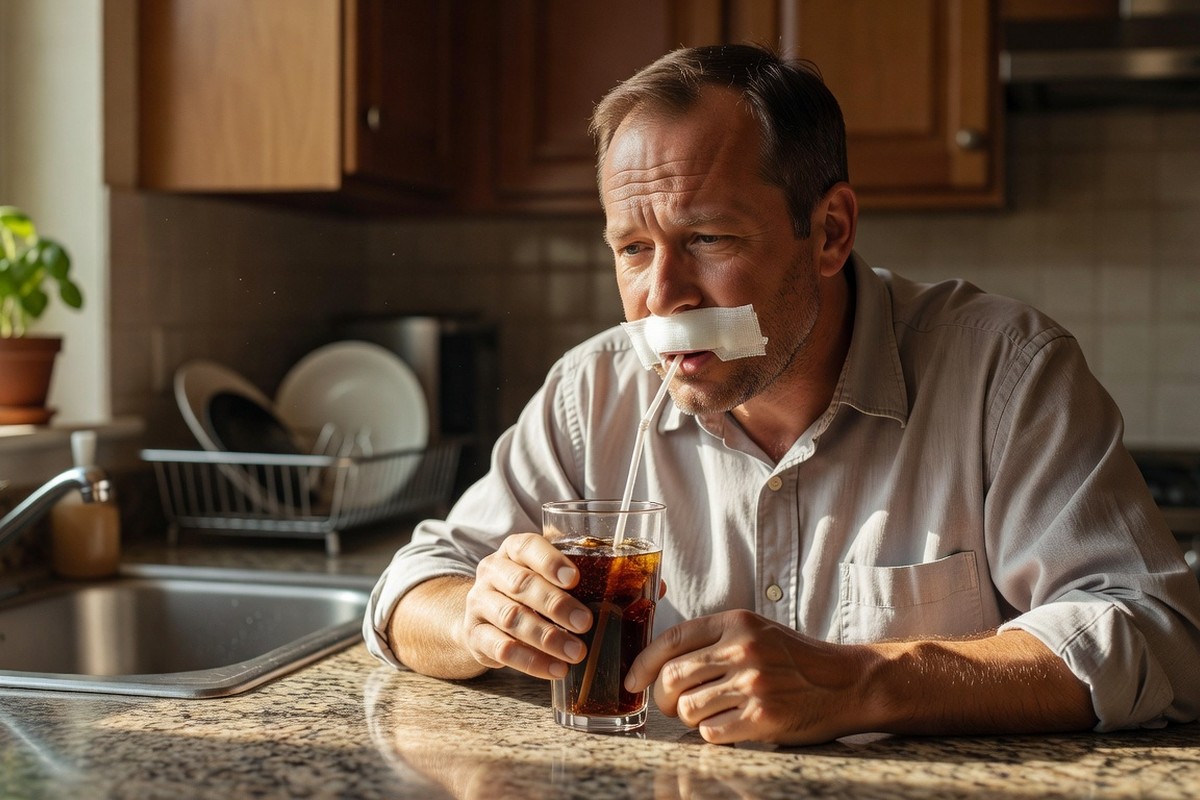 Man met gaas in mond drinkt voorzichtig cola door rietje na verstandskies extractie in keuken