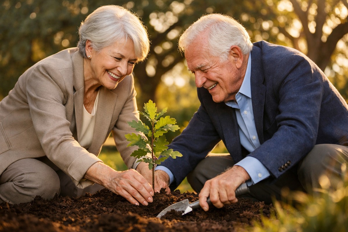 Oud echtpaar plant jong eikenboompje in zonovergoten tuin voor 80-jarig liefdesjubileum vol traditie