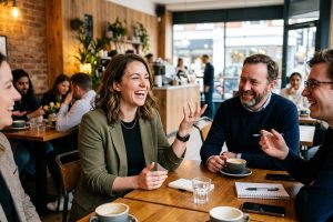 Energieke professional lacht en gebaart levendig tijdens groeps gesprek aan moderne cafétafel