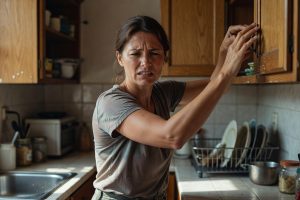 Vrouw grimast van pijn terwijl ze met stijve arm naar hoog keukenkastje reikt