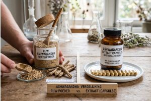 Een vergelijking tussen ruw ashwagandha wortelpoeder en een zuiver gestandaardiseerd extract in capsules.