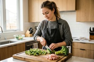 Vrouw hakt verse broccoli en kalkoen voor histamine-arm dieet in lichte keuken
