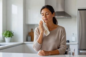 Vrouw past warm kompres toe op kaak en oor voor verlichting zeurende pijn in keuken