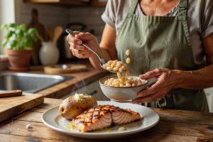 Thuiskok schept witte bonen bij gegrilde zalm en aardappel op bord in moderne keuken.