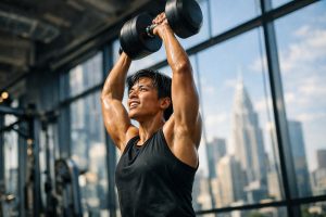 Atleet heft zware halter in luxe gym met skyline, vastberaden glimlach en gespannen spieren tijdens intense inspanning