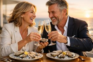 Vrolijk koppel proeft oesters op luxe terras aan zee tijdens parelen jubileumviering.