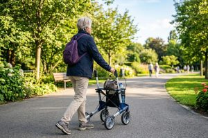 Oudere vrouw die veilig en actief buiten wandelt met een rollator in een zonnig park