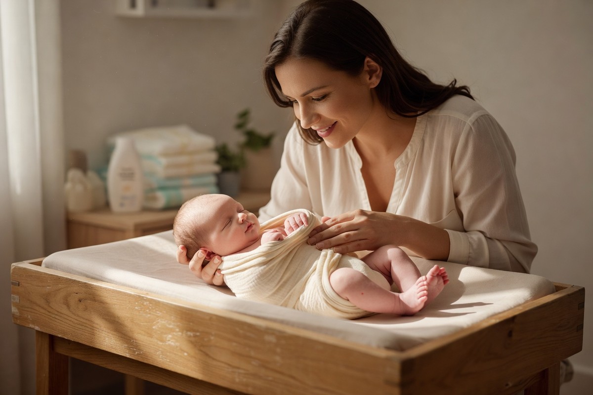 Moeder wikkelt baby veilig in doek op aankleedtafel met vrije heupen en strakke armen