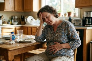 Vermoeide vrouw houdt opgezwollen buik vast in lichte keuken na eten, hersenmist uitdrukking.
