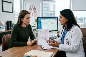 Vrouw bespreekt ferritinewaarde uit bloedonderzoek met huisarts in hedendaagse spreekkamer