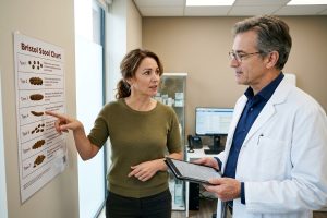 Vrouw wijst Bristol ontlastingschaal aan bij consult met huisarts in moderne spreekkamer