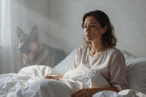 Vrouw ontwaakt nadenkend uit een droom met een beschermende hond