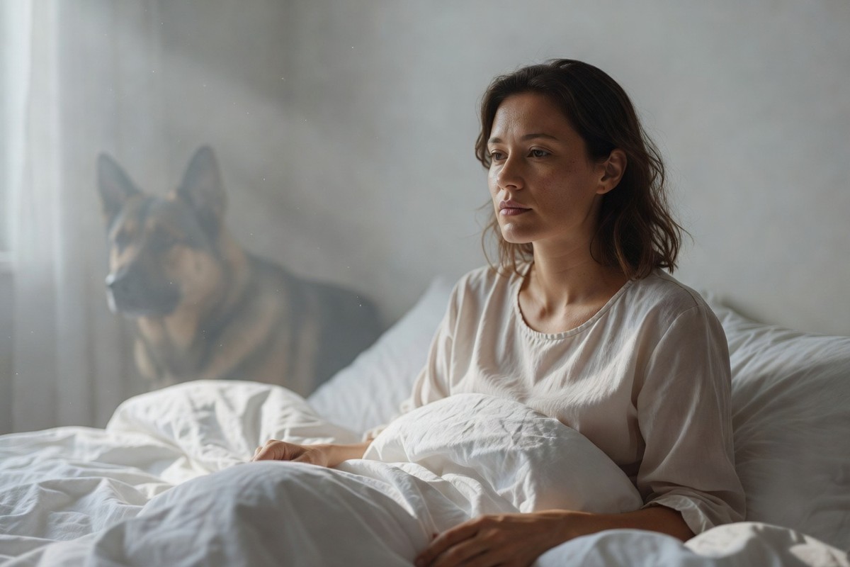 Vrouw ontwaakt nadenkend uit een droom met een beschermende hond