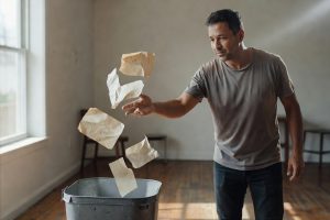 Man die oude notities weggooit als symbool voor emotionele bevrijding in huis