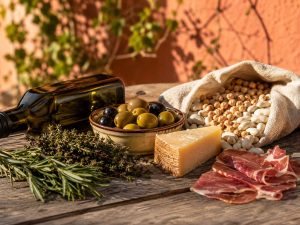 Mediterraan voedingspatroon: olijfolie, peulvruchten, kruiden en kaas op een rustieke houten tafel