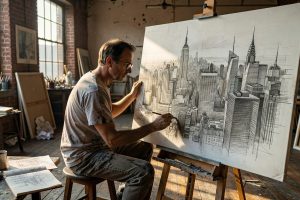 Savantkunstenaar tekent gedetailleerd stadspanorama uit geheugen in helder verlicht atelier