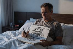 Professional schrikt wakker en tekent slangendroomdetails in minimalistisch slaapkamer bij zonsopgang