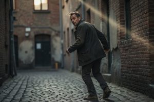Man vluchtend door donkere straat en nerveus achteromkijkend