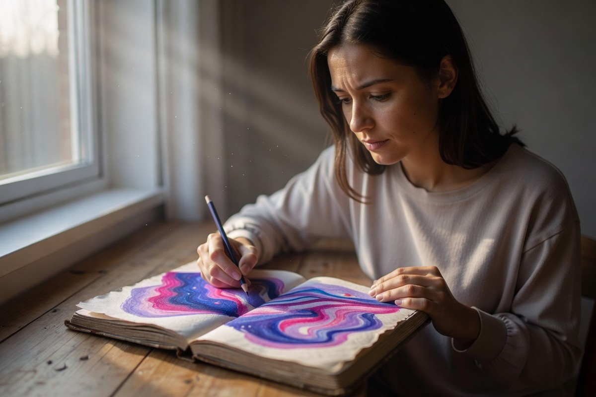 Vrouw schrijft kleuren uit haar droom op in ochtendlicht