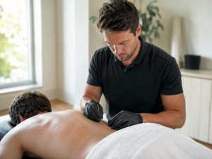 Fysiotherapeut past dry needling toe op de onderrug van een patiënt tegen rugklachten