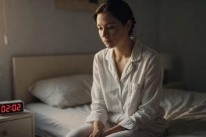 Vrouw nadenkend in bed bij het zien van 02:02 op de wekker