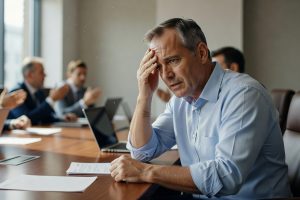 Gestresste manager veegt zweet van voorhoofd tijdens felle discussie.