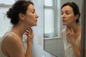 Vrouw onderzoekt subtiele zwelling in hals bij spiegel