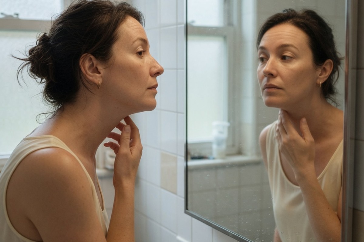Vrouw onderzoekt subtiele zwelling in hals bij spiegel