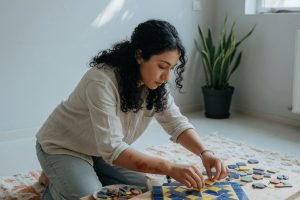 Vrouw legt keramische tegels in een mozaïekpatroon