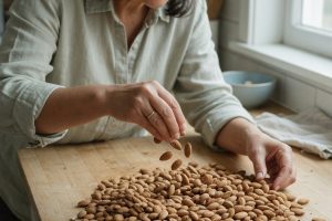 Vrouw scheidt kleine portie amandelen van grote hoop op keukenblad