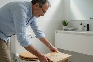 Man zet houten krukje bij toilet in lichte badkamer