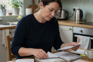 Vrouw sorteert papieren aan keukentafel in zacht daglicht