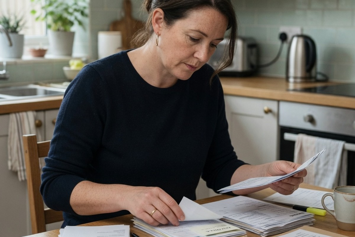 Vrouw sorteert papieren aan keukentafel in zacht daglicht