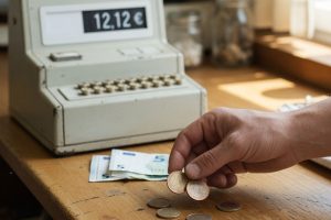 Hand betaalt exact 12,12 euro bij winkelkassa onder zacht daglicht